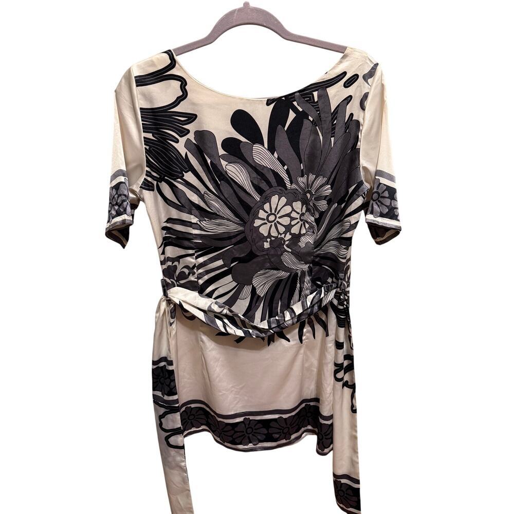 Anatolia Feme Black Floral White Dressy Belted Blouse Tunic Women’s Sz M